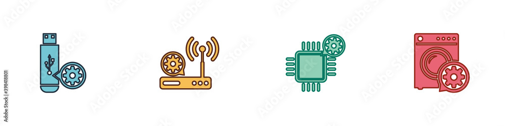 Poster set usb flash drive setting, router and wi-fi, processor and washer icon. vector.