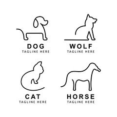 Set of pets. Vector art line style. Collection cat and dogs. Simple design of animals isolated on white background. Flat logo of bulldog, poodle, sheepdog. Symbol modern illustration.