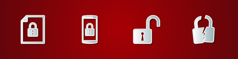 Set Document and lock, Smartphone with, Open padlock and Broken or cracked icon. Vector.