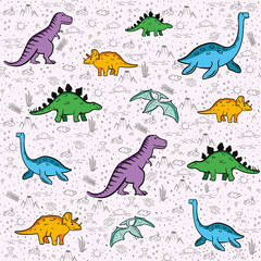 Cute dinosaurs seamless pattern. Funny cartoon dino. Hand drawn vector doodle design for kids. Hand drawn children's illustration for fashion clothes, shirt, fabric