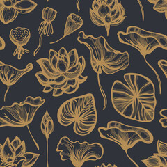Seamless pattern with golden lotuses on a black background in the art deco style. Vector illustration.