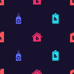 Set Eco nature leaf and battery, Tag with recycle, friendly house and Bio fuel canister on seamless pattern. Vector.