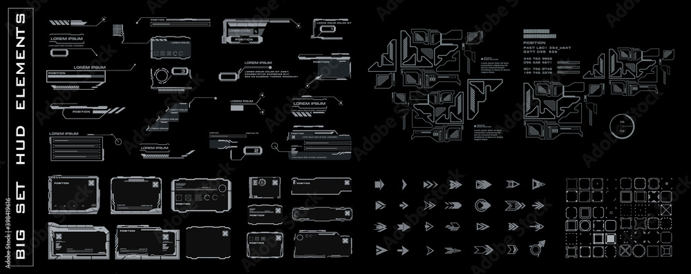 Poster big set hud elements for the user interface. frames, callouts, arrows, pointers, scales, bars, navig