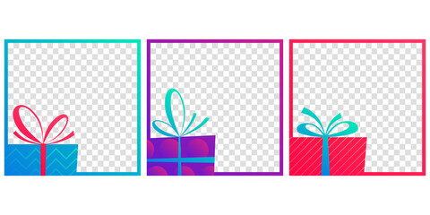 Gift box banner set. Social media post layout. Christmas sale, birthday, giveaway frame template. Vector illustration.