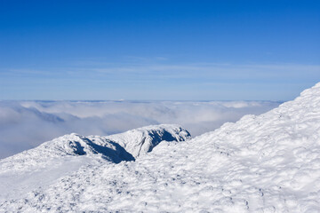 Fototapeta na wymiar Winter mountain. Snowy peak high above the clouds. Show and clouds on Dry Mountain, Serbia