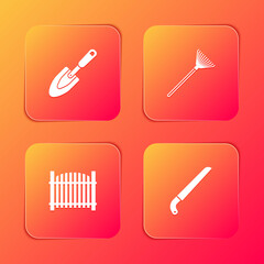 Set Garden trowel spade or shovel, rake for leaves, fence and saw icon. Vector.