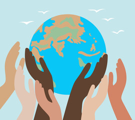 hands of people with different colors of skin, holding the planet Earth. concept of protection of peace and life, equality of race and tolerance. Intercultural relations and political commutation