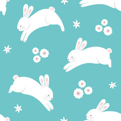 Easter rabbit pattern background, cute vector seamless repeat design of spring bunnies leaping with flowers. 