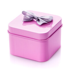 Metal pink box with gray satin bow close up.