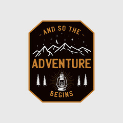 Wilderness adventure Logo Design print. Camping lantern badge. Great outdoors patch. Camp design for t-shirt, other prints. Outdoor insignia label. Stock