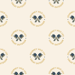 Adventure seamless pattern with camping axes labels badges. Journey wild life. Great outdoor text. Travel wallpaper background. Stock