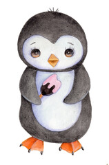 Cute cartoon little penguin standing with icecream, watercolor hand drawn art, illustration, icon. Isolated on white background.