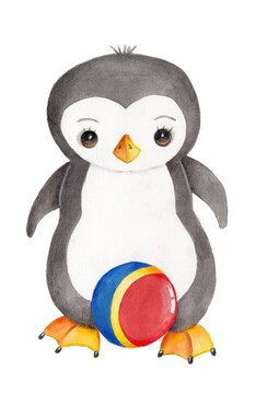 Cute cartoon little penguin with a ball , watercolor hand drawn art, illustration, icon. Isolated on white background.