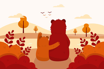 Autumn background with bears, trees and landscape, lovely scene © My Ho