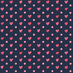 Watercolor seamless pattern with pink pearls or polka dots and hearts on dark background. Great for fabrics, wrapping papers, wallpapers, covers. Hand painted illustration for Valentine's day.