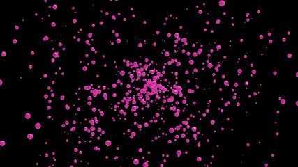 Abstract red particles in the form of balls of different diameters on a black background of outer space create a festive atmosphere. 3d illustration.