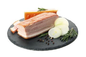 Tray with bacon and spices isolated on white background