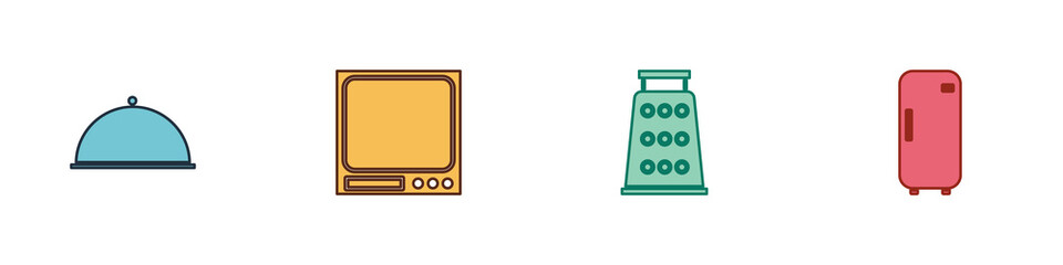 Set Covered with tray, Electronic scales, Grater and Refrigerator icon. Vector.