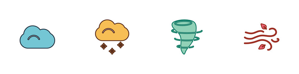 Set Cloud, with snow, Tornado and Wind icon. Vector.