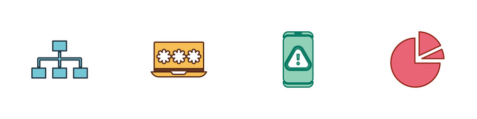 Set Hierarchy organogram chart, Laptop with password, Mobile exclamation mark and Pie infographic icon. Vector.