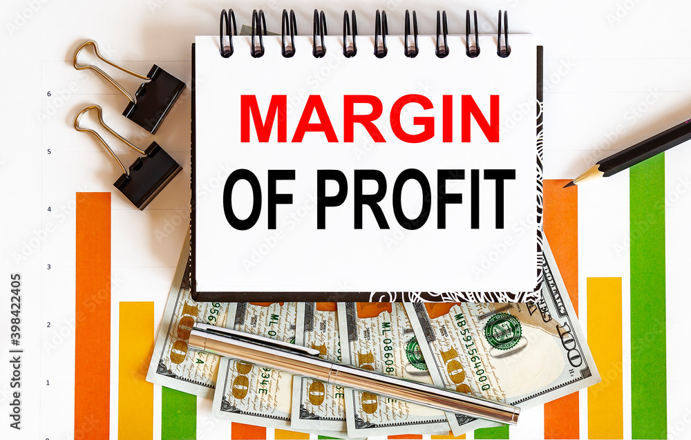 Poster notebook with tools and notes about profit of margin ,business concept