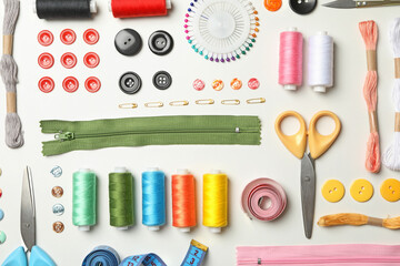 Flat lay with sewing supplies on white background