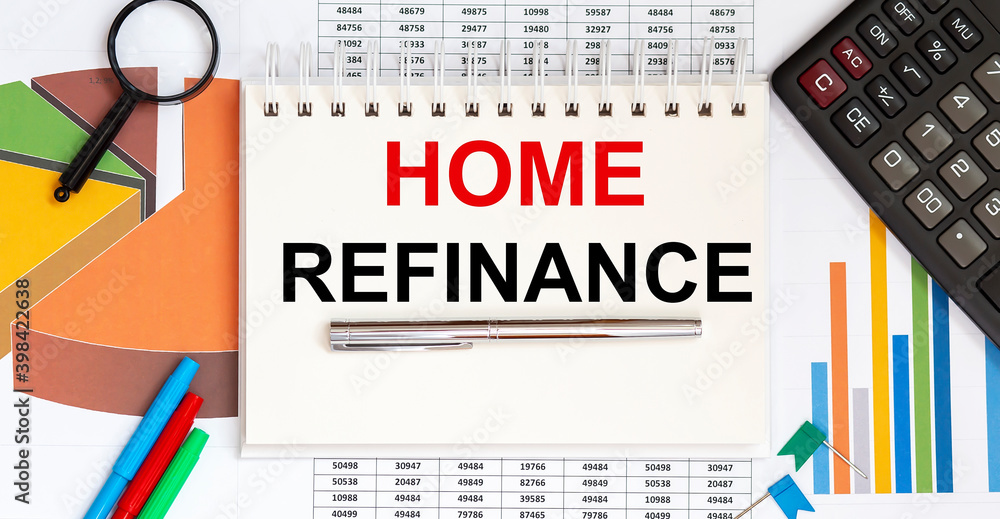 Poster notepad with text home refinance on chart background with calculator and pen