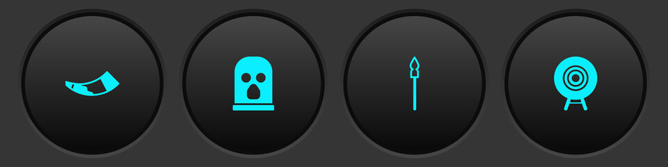 Set Hunting horn, Balaclava, Medieval spear and Target sport icon. Vector.