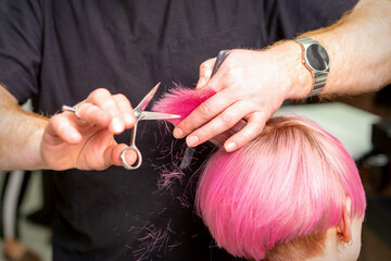 Close up of hairdresser cutting short pink hair of the young woman in a hair salon