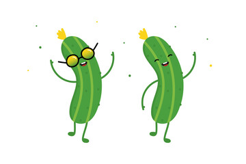 Two cute dancing cartoon style vector cucumber characters, pickles with confetti.

