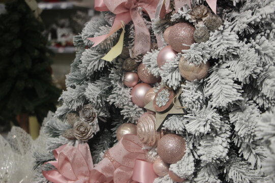 Decorated Christmas Tree In Rustic And Shabby Chic Style. New Year Scene. Close-up