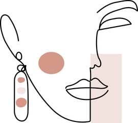 Abstract woman face illustration with minimalist pastel decor. One line drawing.
