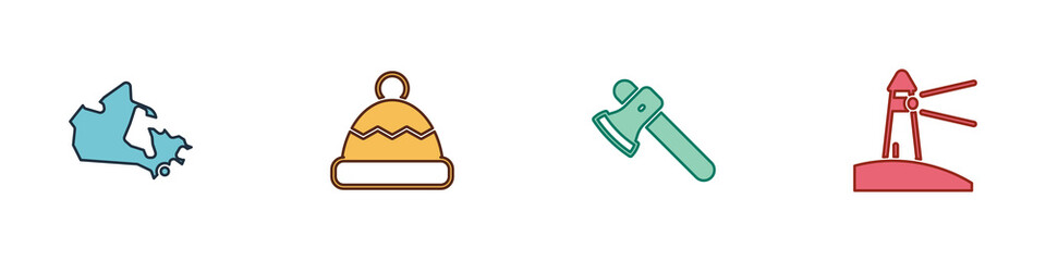 Set Canada map, Beanie hat, Wooden axe and Lighthouse icon. Vector.