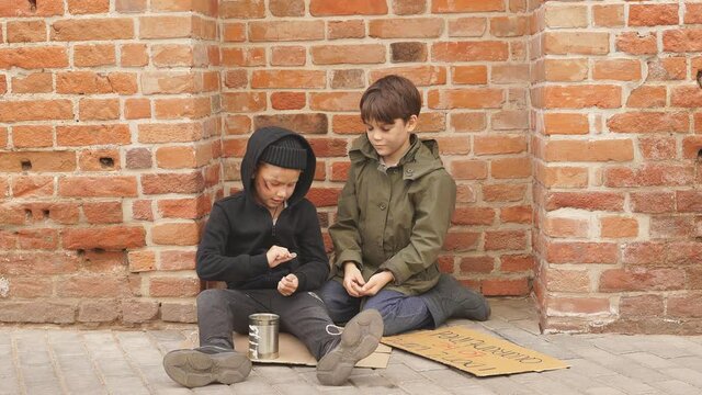 Street boys count the money, think whether there is enough for shelter or food, holding cardboard with HELP description.