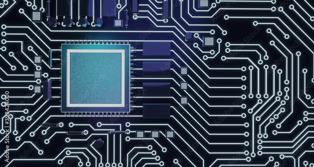Poster cpu chip on motherboard - abstract 3d render of a computer processor chip on a circuit board with mi