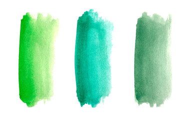 Set of watercolor stains. Stripes on a white background. Gradient. Abstract spots. Green herbal, green tide, turquoise, Isolated design elements.