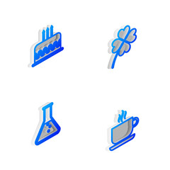Set Isometric line Four leaf clover, Cake with burning candles, Test tube flask and Coffee cup icon. Vector.