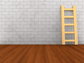 Empty room with staircase. Wooden floor and brick wall. 3D illustration