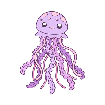 Happy smiling jellyfish vector art illustration.  Underwater marine animal cartoon design. Flat pastel purple and pink monochrome design on white background.