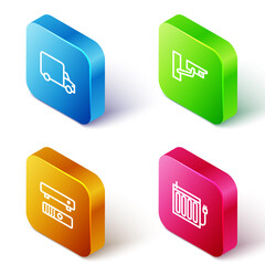 Set Isometric line Delivery cargo truck, Security camera, Multimedia and TV box and Heating radiator icon. Vector.