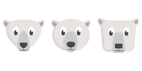 Set of cartoon polar bears. Different shapes of animal faces.