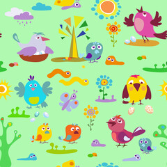 Fototapeta na wymiar Cheerful, funny birds, pattern. Funny birds picture, good mood graphic, color funny pictures, solid background images, vector, illustration