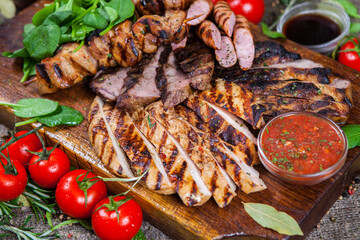 Mixed grilled meat platter. Assorted delicious grilled meat with vegetable. Mixed grilled meat with pepper sauce and vegetables.