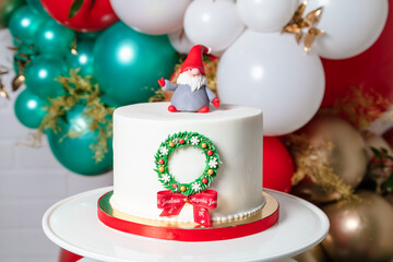 Christmas cake and balloons, colored balloons. Holiday concept, New Year, Christmas. greeting card