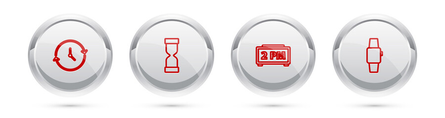 Set line Clock, Old hourglass, Digital alarm clock and Smartwatch. Silver circle button. Vector.