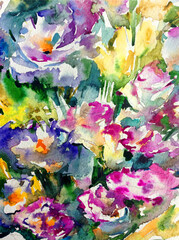 Fototapeta na wymiar Abstract bright colored decorative background . Floral pattern handmade . Beautiful tender romantic bouquet of spring flowers , made in the technique of watercolors from nature.