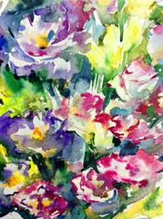 Abstract bright colored decorative background . Floral pattern handmade . Beautiful tender romantic bouquet of spring flowers , made in the technique of watercolors from nature.