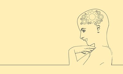 Face side view. Elegant outline silhouette of a female head. Portrait of a happy woman raising her hand to face. Mental health relative design template. Gears group as a symbol of a brains.