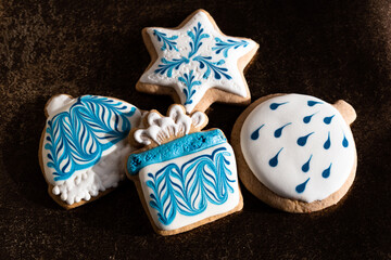 Traditionally decorated handamde Christmas gingerbread cookies, gift