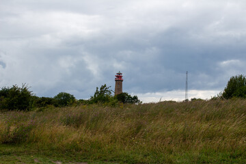 Fototapeta na wymiar Leuchtturm mit gräser davor auf rügen und wolkenhimmel 